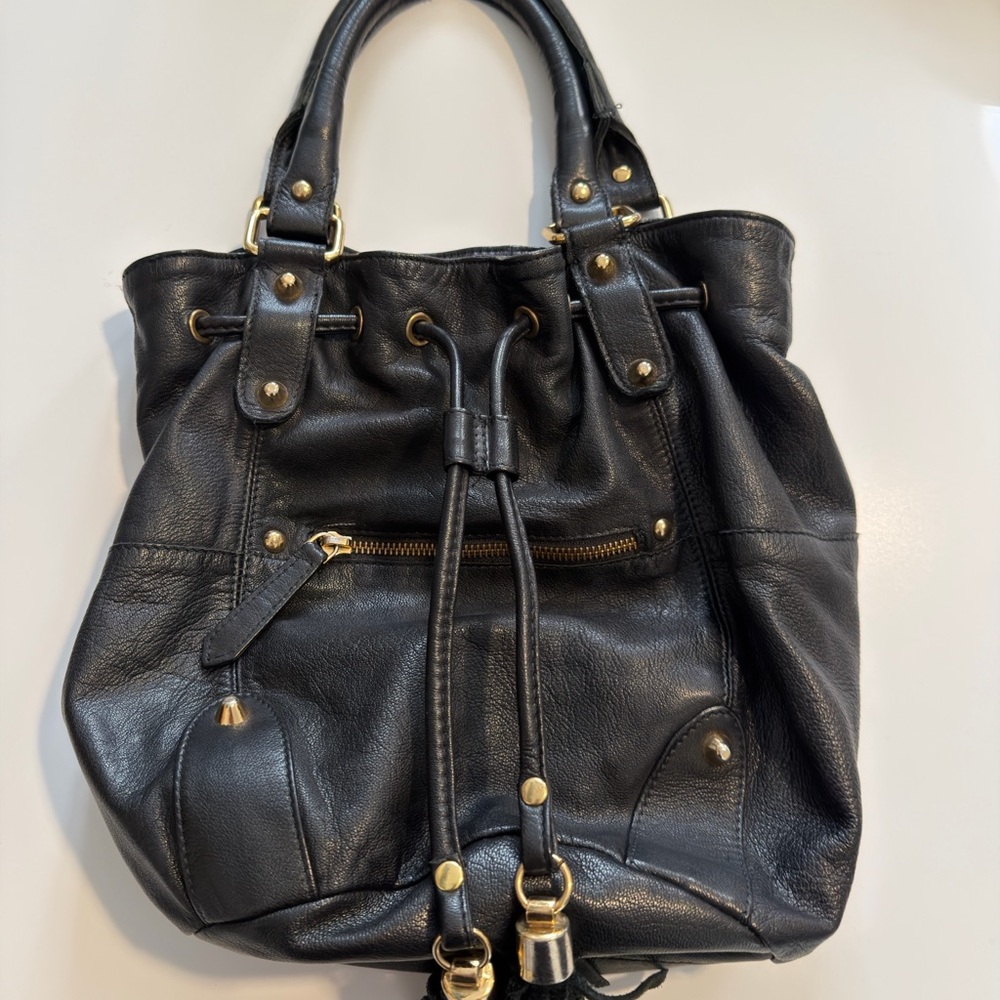 Topshop Black Leather Drawstring Shoulder Bag with Gold Hardware